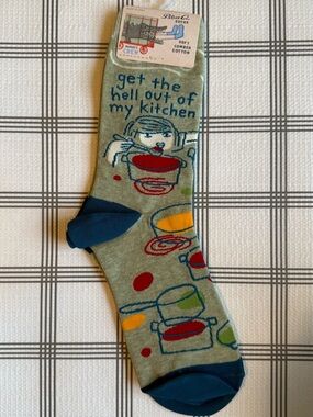 Blue Q Green Crew Socks with Kitchen Graphic and Blue Accents